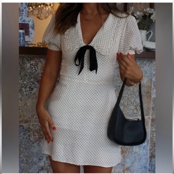 Reformation Kaylia Dress in Allegra bow tie neck polka dot minidress size 10 - Picture 2 of 12